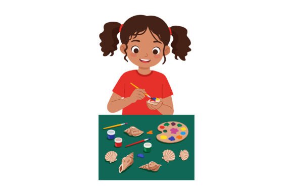 Capturing Childhood Creativity: The Young Girl Painting Seashells Illustration Guide