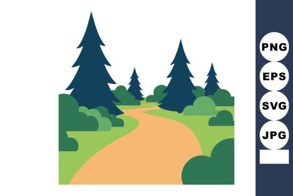 Evaluating the Pine Tree Forest Path with Green Bushes Vector for Nature-Themed Design Projects