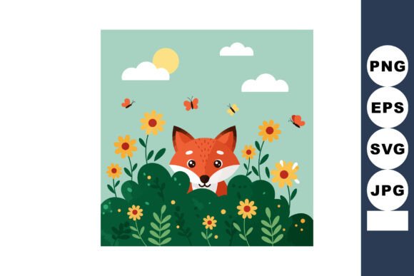 Fox Peeking Through Green Bushes and Yel: Integrating Cheerful Nature Illustrations into Professional Design