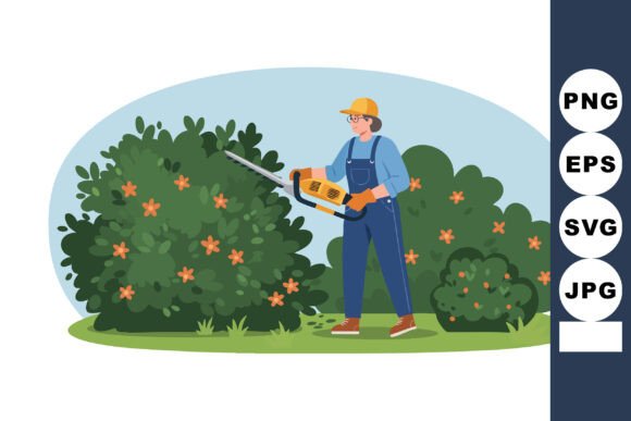 Gardener Trimming Green Bushes with Oran: Evaluating Visual Assets for Landscape Design