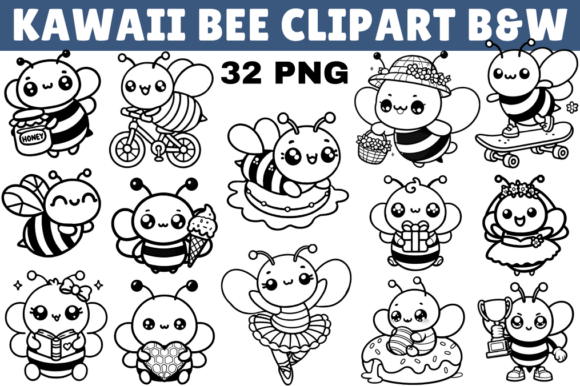 Kawaii Bee Black and White Clipart for Creative Projects
